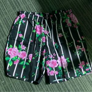 Mens XL floral botanical black white pinstripe swim trunks